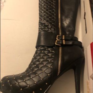 Black quilted leather tall gold studded boots
